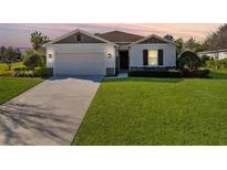 Charming one-story home with well-manicured lawn, neat landscaping, and a two-car garage on a sunny day at 1727 Garden View St, Mascotte, FL 34753