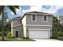 Two story home featuring a two-car garage, neutral paint, and minimal landscaping with palm trees on an overcast day at 3489 Salvia Ct, Tavares, FL 32778