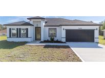 Charming single-story home showcasing a well-manicured lawn and a modern exterior design with a two-car garage at 15499 Sw 48Th Ave, Ocala, FL 34473