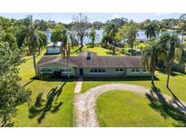 Lakefront property with a lush green lawn and a charming one-story home surrounded by beautiful palm trees at 9744 Cub Cv, Apopka, FL 32703