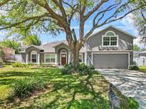 Charming gray two-story home with a mature shade tree and well-maintained landscaping at 13201 Lakewind Dr, Clermont, FL 34711
