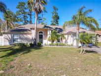 Charming single-story home with manicured lawn and lush tropical landscaping featuring mature palms at 3252 Noah St, Deltona, FL 32738