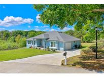 Charming blue single-story home features a well-manicured lawn and a picturesque, serene wooded backdrop at 10544 Parkway Dr, Clermont, FL 34711