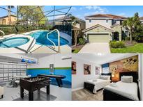 Collage featuring an inviting pool, front exterior, game room, and bedroom with Mickey Mouse accents at 5283 Wildwood Way, Davenport, FL 33837