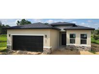 New construction home featuring a two-car garage, modern design elements, and stone veneer accents at 1647 Redfin Dr, Kissimmee, FL 34759