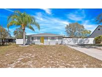 Charming single-story home with a well-maintained yard, vibrant yellow door, and a palm tree at 3764 Pinehurst St, Deltona, FL 32738