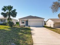 Charming single-story home showcasing a manicured lawn, palm tree, and attached two-car garage at 13820 Adams St, Grand Island, FL 32735
