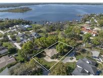 An aerial view showcases a home with mature landscaping and a serene lake backdrop at 400 W 2Nd Ave, Windermere, FL 34786