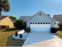 Charming single-story home featuring a two-car garage, flower garden, and well-manicured lawn at 704 Sky Tree Ct, New Smyrna Beach, FL 32168