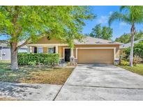 Inviting single-story home featuring a manicured lawn, two-car garage, and a charming, covered entryway at 5910 Windsong Oak Dr, Leesburg, FL 34748