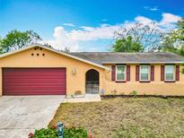 Charming single-story home featuring a colorful facade, well-maintained yard, and an attached garage at 3283 Pub Ln, Orlando, Fl, FL 32808