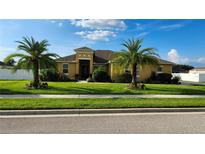 Inviting front yard of home featuring lush green grass and mature palm trees under a sunny sky at 2749 Sand Oak Loop, Apopka, FL 32712