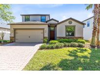 Charming two-story home with a manicured lawn, a brick driveway, and an attached two-car garage at 2224 Romanum Dr, Winter Garden, FL 34787