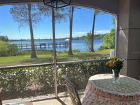 Relaxing screened patio features lovely lake views with a pier, with a dining table and chairs for enjoying the view at 3384 Corona Village Way # B8, Orlando, FL 32835