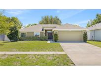 Charming single-story home with a well-manicured lawn, lush landscaping, and a two-car garage at 33845 Emerald Pond Loop, Leesburg, FL 34788