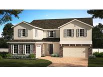 Charming two-story home features a stone-accented facade, gray shutters, and a well-manicured lawn at 5061 Northern Dove Ave, Mount Dora, FL 32757