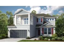 Charming two-story home with grey siding, red shutters, a covered balcony, and a two-car garage at 4716 Coral Harbour Rd, Kissimmee, FL 34758