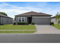 Charming one-story home with a well-manicured lawn, gray exterior, and attached two-car garage at 1030 Alabaster Way, Deltona, FL 32725