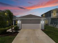 A two-car garage with a concrete driveway is shown beneath a colorful sunset sky at 1545 Delightful Dr, Davenport, FL 33896