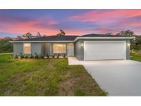 Charming single-story home with a two-car garage and a well-manicured lawn at sunset at 315 Fisher Rd, Ocklawaha, FL 32179