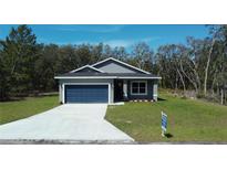 Charming single-story home featuring a blue garage door and a well-maintained lawn at 160 Fisher Loop, Ocklawaha, FL 32179