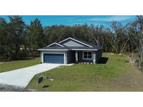 Charming single-story home featuring a modern facade, attached garage, and freshly laid concrete driveway at 160 Fisher Way Trl, Ocklawaha, FL 32179