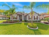 Charming home with a well-manicured lawn, mature palm trees, and decorative landscaping at 132 Rosa Bella Vw, Debary, FL 32713