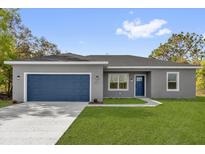 Charming single-story home with a gray exterior, blue door and garage door, and a well-manicured green lawn at 75 Guava Ter, Ocklawaha, FL 32179