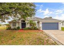 Charming single-story home with blue garage door, mature landscaping, and vibrant red walkway at 201 Churchill Ct, Kissimmee, FL 34758