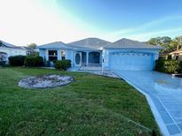 Charming one-story home with a manicured lawn and inviting front yard, plus a driveway leading to an attached garage at 1805 San Luis Ln, The Villages, FL 32159