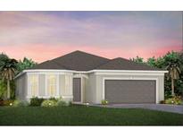 Charming single-story home with a two-car garage, green lawn, and lush landscaping at 2717 Serenity Meadow Dr, Kissimmee, FL 34744