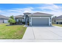 Charming single-story home featuring a manicured lawn, gray exterior paint, and a two-car garage at 344 Highland Meadows St, Davenport, FL 33837