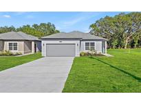 Charming single-story home featuring a two-car garage, grey exterior paint, and a well-manicured front lawn at 108 Alta Vista Way, Davenport, FL 33837