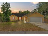 Charming yellow single-story home with a two-car garage, complemented by red shutters and a well-kept lawn at 6906 Colony Oaks Ln, Orlando, FL 32818