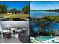 Collage showing the home's exterior, lake view, kitchen, and screened in pool area at 36019 Clear Lake Dr, Eustis, FL 32736