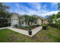 Charming single-story home with a well-manicured lawn, lush landscaping and an attached garage on a sunny day at 3018 Andover Ct, Mount Dora, FL 32757