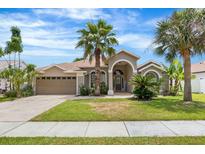 Charming single-story home with a well-manicured lawn and mature palm trees at 3016 Samosa Hill Cir, Clermont, FL 34714