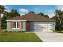 Charming single-story home with light blue exterior, wood-look door, and a two-car garage at 2915 Moulin Rd, Davenport, FL 33837