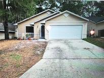 Charming single-story home with a two-car garage and inviting front porch with plants at 1105 Mill Run Cir, Apopka, FL 32703