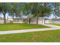 Charming single-story home featuring a well-manicured lawn, mature trees, and attached two car garage at 360 Coventry Estate Blvd, Deltona, FL 32725
