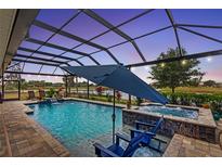 Gorgeous screened-in pool with a spa, lounge chairs and relaxing water views at 2086 Biller Cir, The Villages, FL 32163