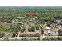 Expansive aerial view of the property, featuring a pond and surrounding lush greenery at 1526 Maytown Rd, Oak Hill, FL 32759