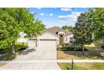 Inviting single-Gathering home featuring a three-car garage, well-manicured lawn, and mature shade trees at 5839 Tarleton Way, Mount Dora, FL 32757