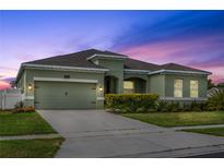 Charming one-story home with a well-maintained lawn and attached two-car garage, complemented by a colorful sunset backdrop at 5393 Red Coral Cir, Mount Dora, FL 32757