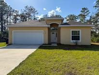 Charming single-story home with a manicured lawn, a two-car garage, and stucco siding at 6730 Orlando Drive, Indian Lake Estates, FL 33855