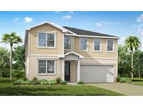 Charming two-story home with a well-manicured lawn, attached garage, and beautiful tropical landscaping at 13271 Pergola Ave, Orlando, FL 32832