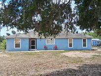 Charming single-story home with a light blue exterior, complemented by two red chairs near the entrance at 25618 Fishermans Rd, Paisley, FL 32767