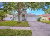 Charming single-story home with a well-manicured lawn and a large tree in the front yard at 13434 Mallard Cove Blvd, Orlando, FL 32837