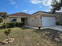Charming single-story home with a well-maintained lawn, landscaping, and a two-car garage at 119 Stewart Lake Loop, Groveland, FL 34736