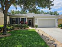 Charming single-story home with a well-manicured lawn, blue shutters, and attached two-car garage at 4793 Grassy Knoll Dr, Tavares, FL 32778